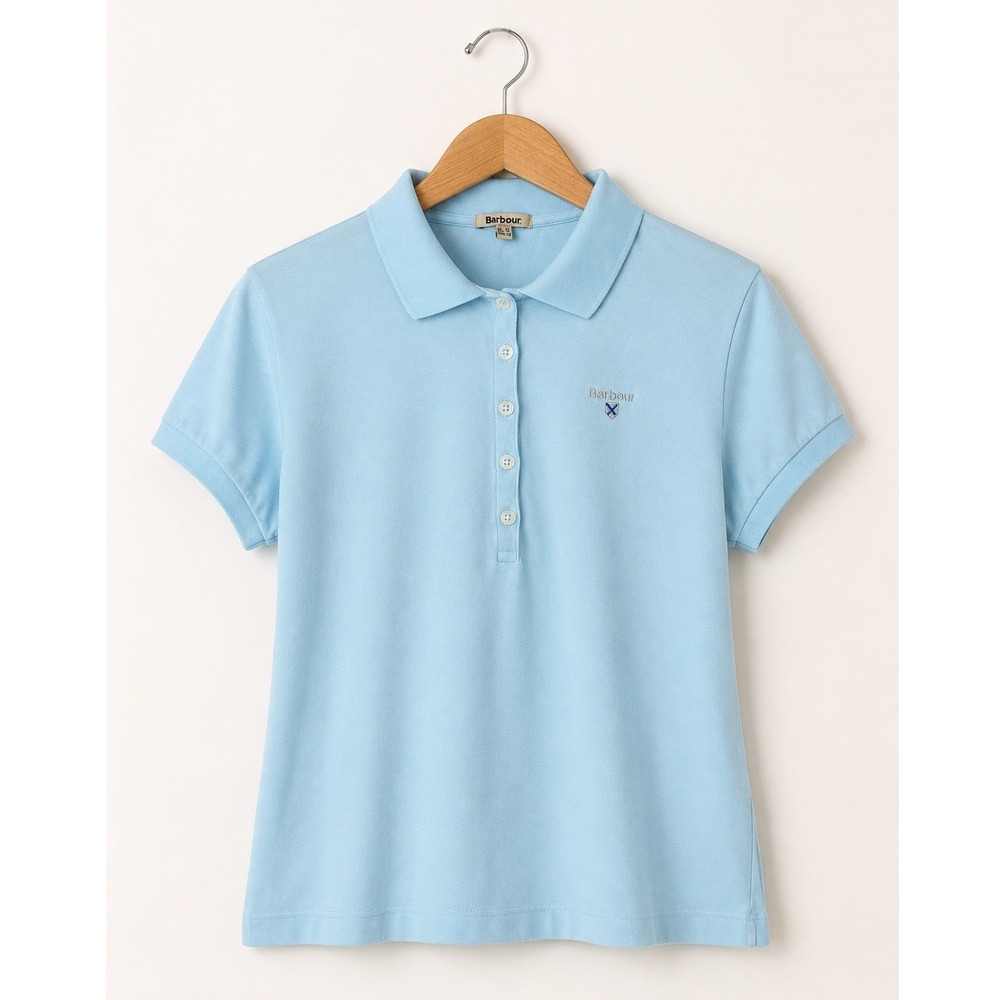 Barbour Polo Shirt Women 12 Blue Short Sleeve Pique Cotton Stretch Logo Preppy